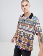 Asos Design Oversized Geo-tribal Print Shirt With Revere Collar - Multi