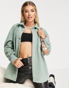 Asos Design Fleece Shacket In Wavy Quilt In Khaki-green