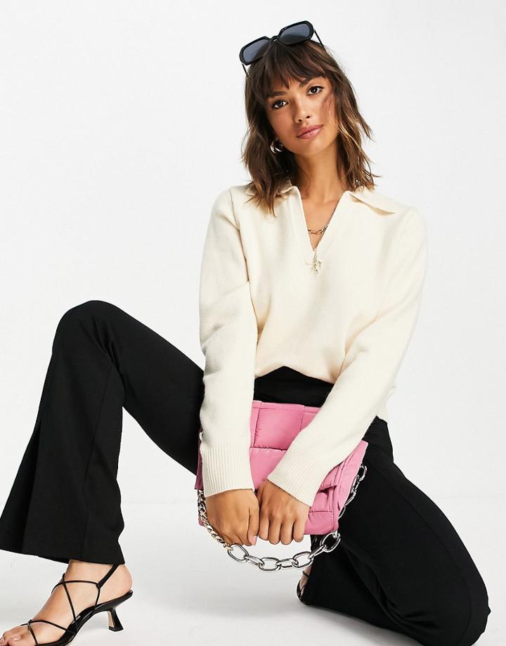 Selected Femme Knit Top With Polo Neck Detail In Beige-neutral