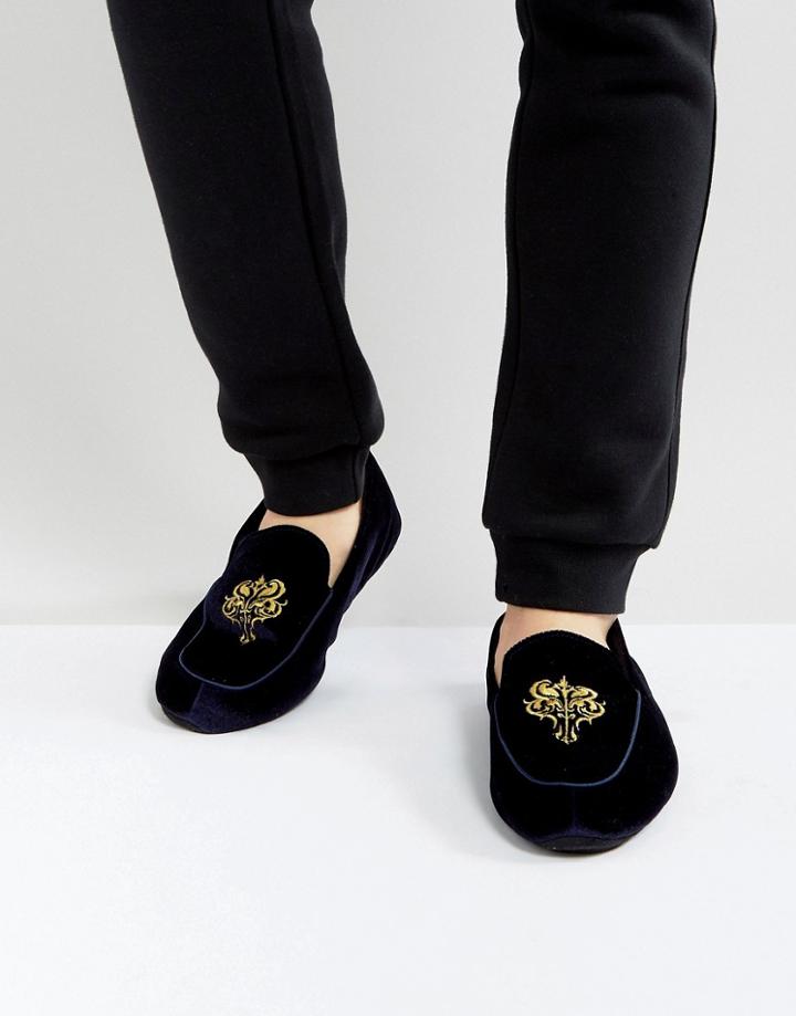 Dunlop Embrioded Loafer Slippers Blue Velvet - Blue