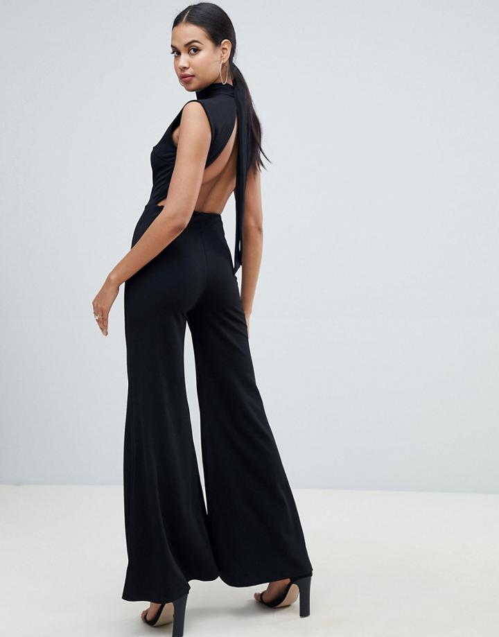 Club L Tie Up Open Back Wide Leg Jumpsuit-black