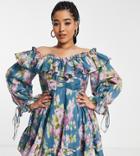 Asos Design Curve Exclusive Off Shoulder Mini Dress With Ruffle Detail In Floral Print-multi