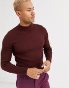 Asos Design Muscle Fit Ribbed Turtleneck Sweater In Burgundy-red