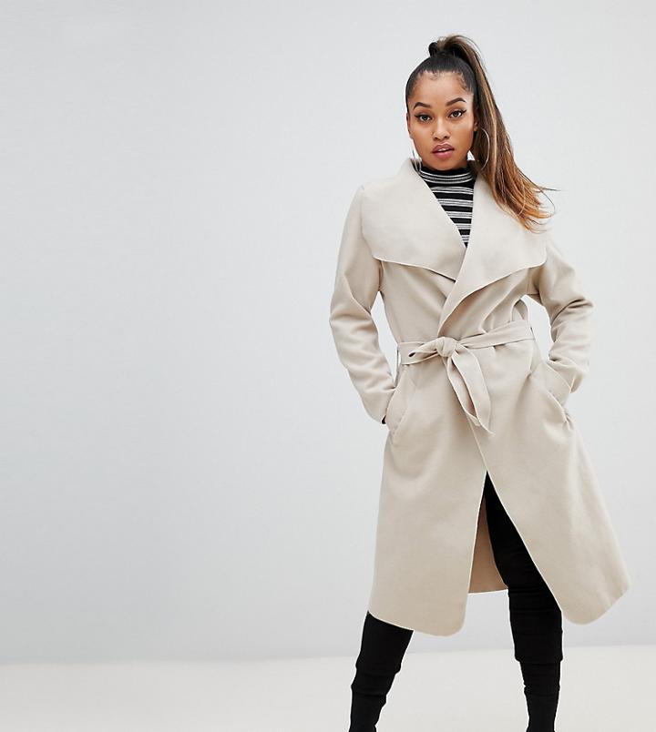 Boohoo Petite Belted Shawl Coat In Stone - Stone