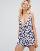 Daisy Street Cami Rompers In Daisy Print - Blue