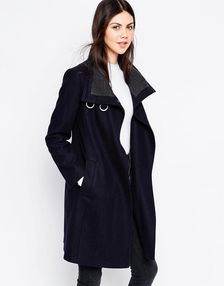 Asos Coat With Funnel Neck And Rib Detail - Navy And Gray