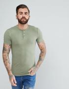 Asos Design Muscle Fit T-shirt With Grandad Neck In Green - Green