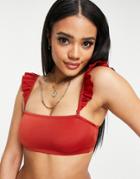 Monki Ella Recycled Bandeau Frill Strap Bikini Top In Red