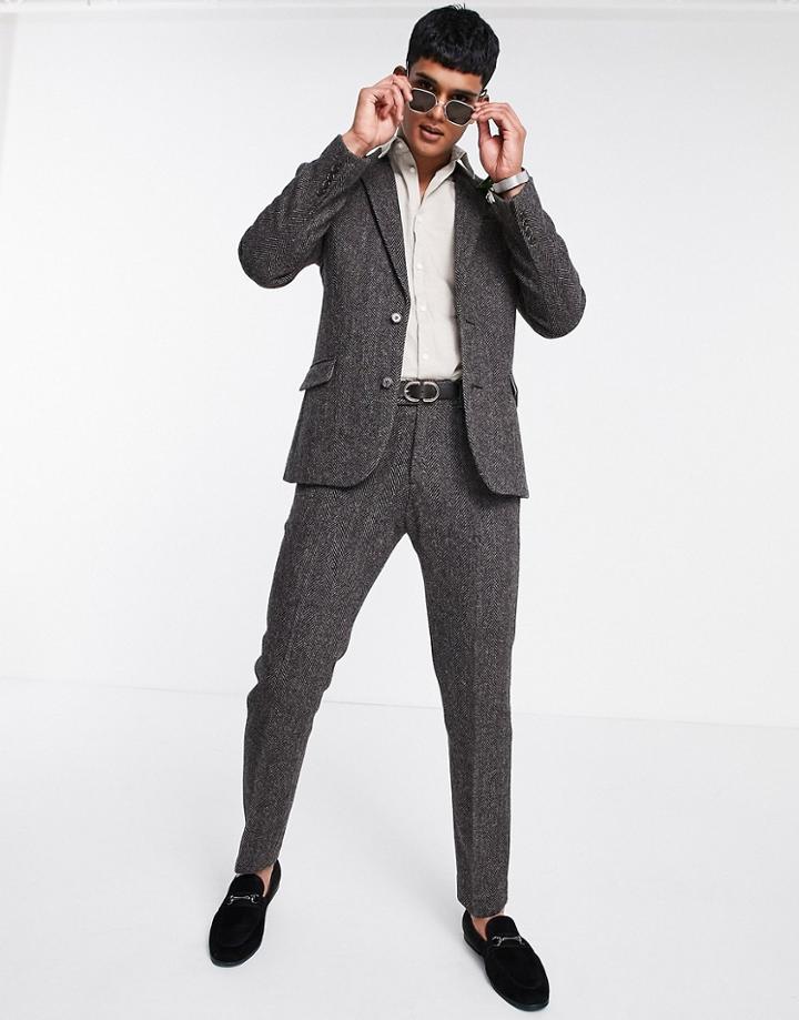 Asos Design Harris Tweed 100% Wool Slim Suit Pants In Brown Herringbone