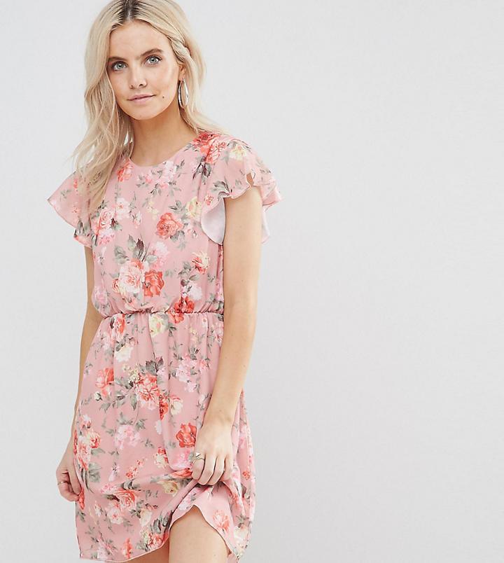 Boohoo Petite Floral Ruffle Sleeve Skater Dress - Pink