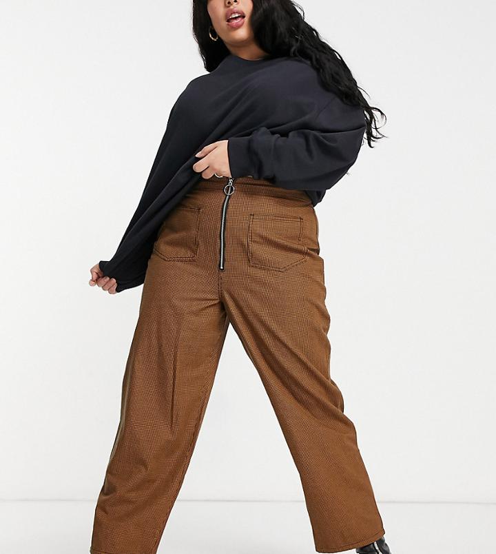 Asos Design Curve Straight Leg Pants In Tan Plaid-multi