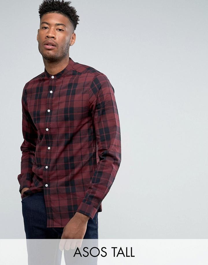 Asos Tall Stretch Slim Check Shirt With Grandad Collar In Red - Red