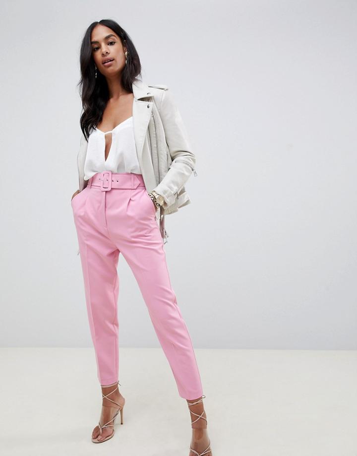 Asos Design Self Belted Tapered Pants - Pink