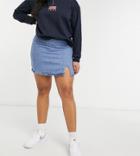 Asos Design Curve Denim Side Split Mini Skirt In Midwash-blues