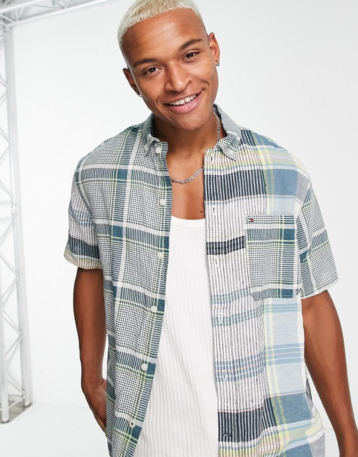 Tommy Hilfiger Madras Blocking Plaid Short Sleeve Shirt In Light Blue