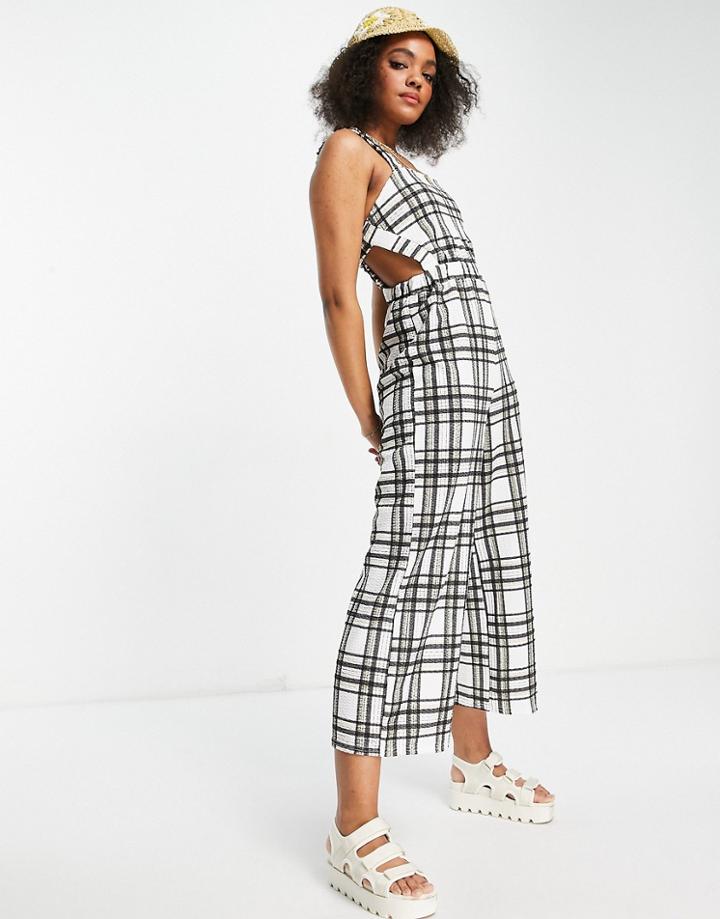 Asos Design Wide Leg Textured Overalls In Check Print-multi