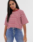 Asos Design Boxy T-shirt In Washed Red Stripe-white