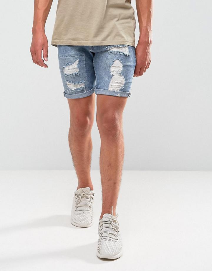 Asos Denim Shorts In Skinny Mid Wash Vintage Blue Biker - Blue
