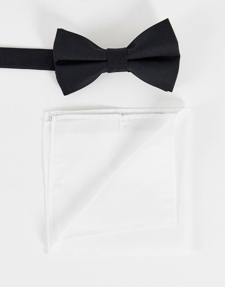 Asos Design Black Satin Bow Tie And White Pocket Square Pack