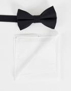 Asos Design Black Satin Bow Tie And White Pocket Square Pack