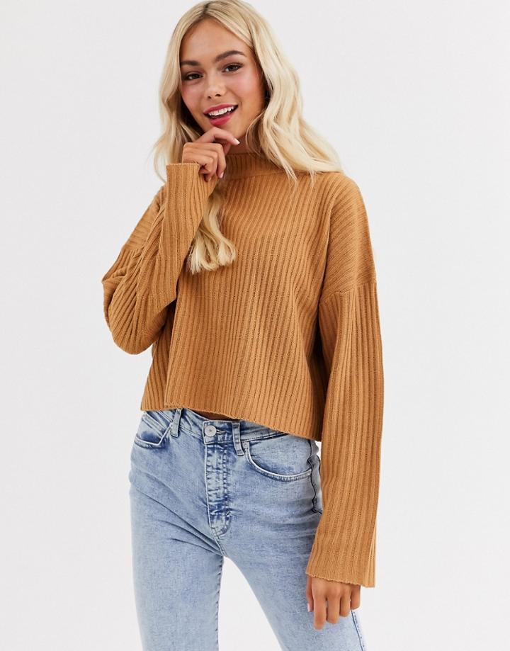 Brave Soul Adda Cropped High Neck Sweater-tan