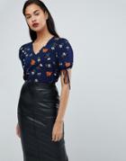 Fashion Union Floral Print Blouse With Ribbon Ties - Navy