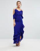 True Decadence Cold Shoulder Maxi Dress With Frilled Hem And Split - Blue