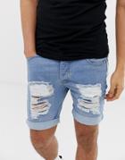 Boohooman Skinny Denim Shorts With Rips In Blue - Blue