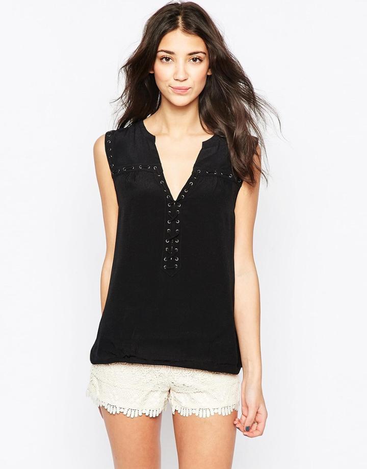 See U Soon Sleeveless Top With Lace Up Eyelet Detail - Black
