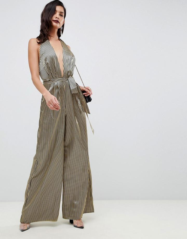 Asos Design Halter Jumpsuit In Metallic Stripe - Multi