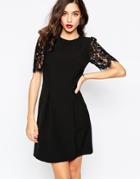 Warehouse Lace Sleeve Button Front Dress - Black