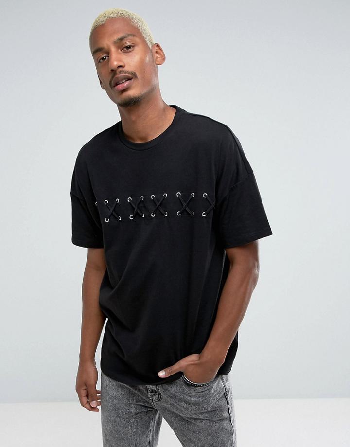 Asos Oversized T-shirt With Cross Eyelet Detail - Black