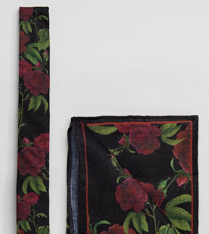 Asos Floral Tie And Pocket Square Pack In Black - Navy