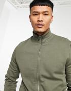 Asos Design Jersey Track Jacket In Khaki With Funnel Neck And Chunky Zip-green