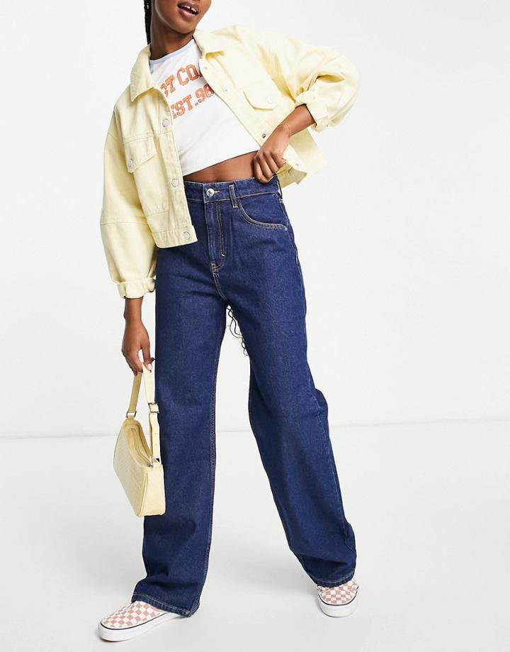 Pull & Bear Wide Leg Jeans In Dark Blue-blues