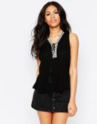 Daisy Street Vest With Tassel Tie And Embroidered Trim - Black