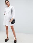 Asos Design Trapeze Mini Shirt Dress With Broderie Trim - White