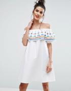 Asos Geo-tribal Embroidered Cotton Off Shoulder Sundress - White
