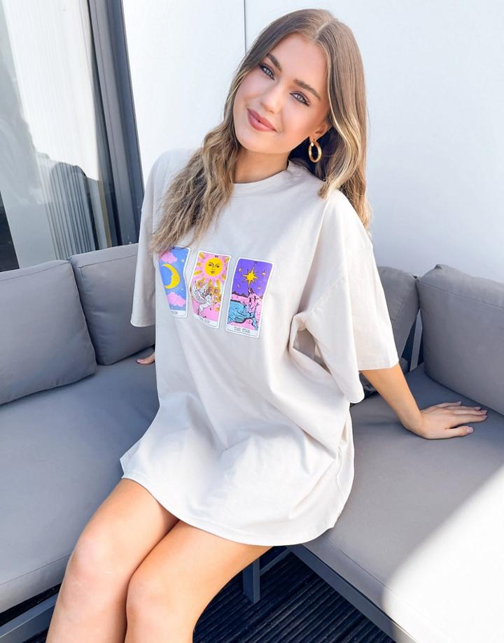 Asos Design Oversized T-shirt Dress In Cream With Tarot Print-white