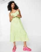 River Island Poplin Tiered Midi Dress In Lime-yellow