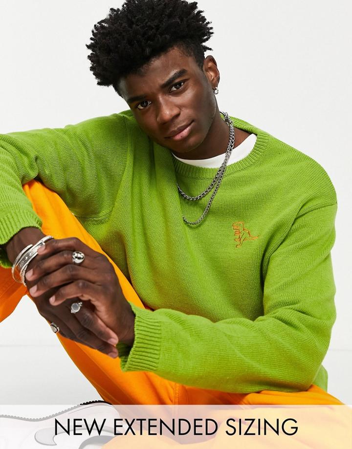 Asos Design Knitted Sweater With T-rex Embroidery In Green
