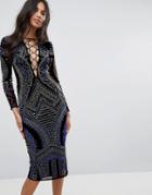 Asos Deep Plunge Lace Up Embellished Midi Dress - Blue