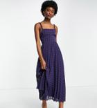 Asos Design Tall Elasticated Tie Back Pleated Midi Dress In Navy