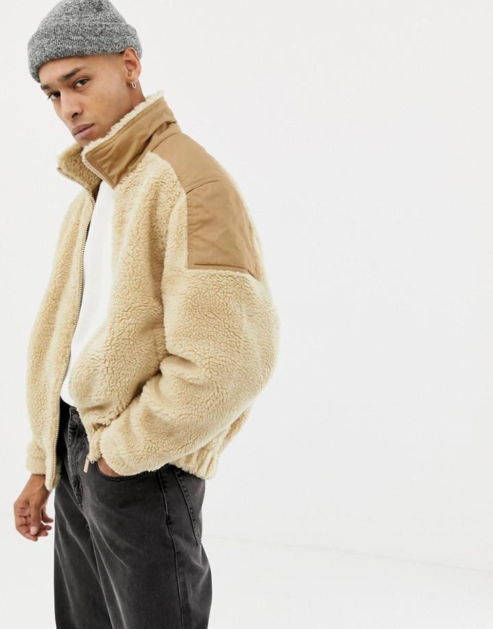 Bershka Borg Zip Up Jacket In Beige - Beige