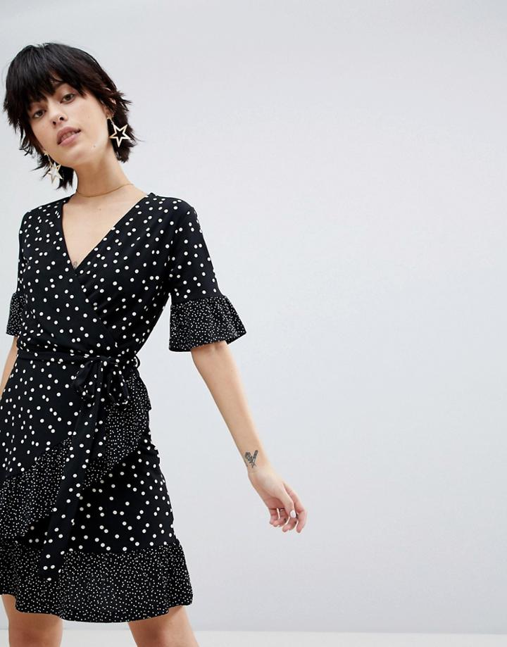 Warehouse Polka Dot Wrap Dress - Black