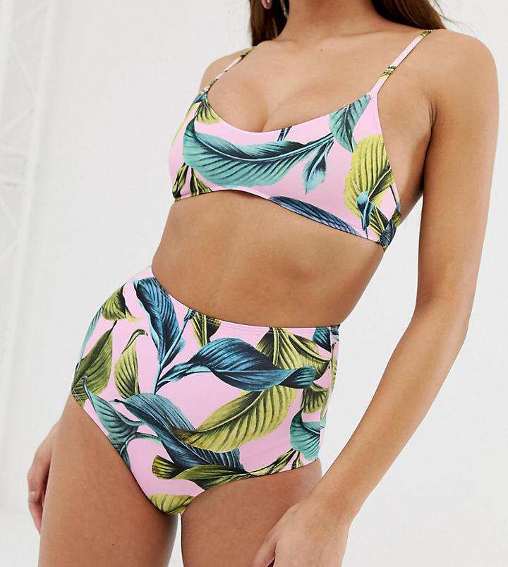 Monki High Waisted Tropical Print Bikini Bottoms In Pink - Pink