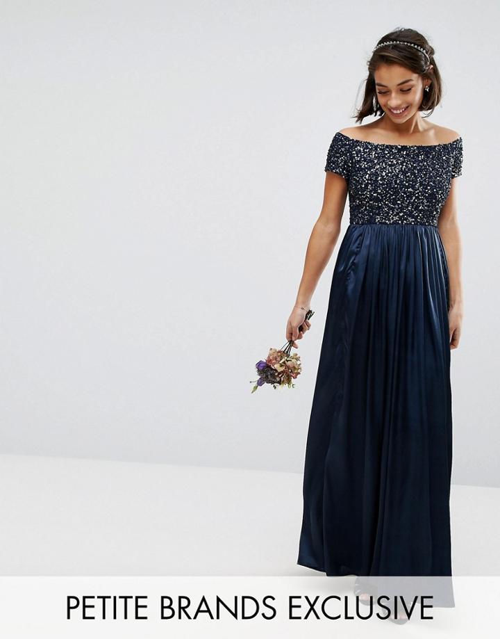 Maya Petite Sequin Top Bardot Maxi Sateen Skirt Dress - Navy