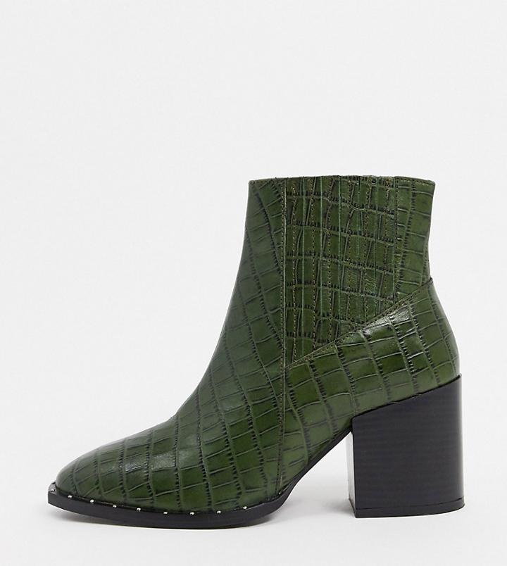 Asos Design Wide Fit Restless Leather Block Heel Boots In Green Croc