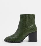 Asos Design Wide Fit Restless Leather Block Heel Boots In Green Croc