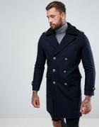 Asos Wool Mix Trench Coat With Fleece Collar In Navy - Black
